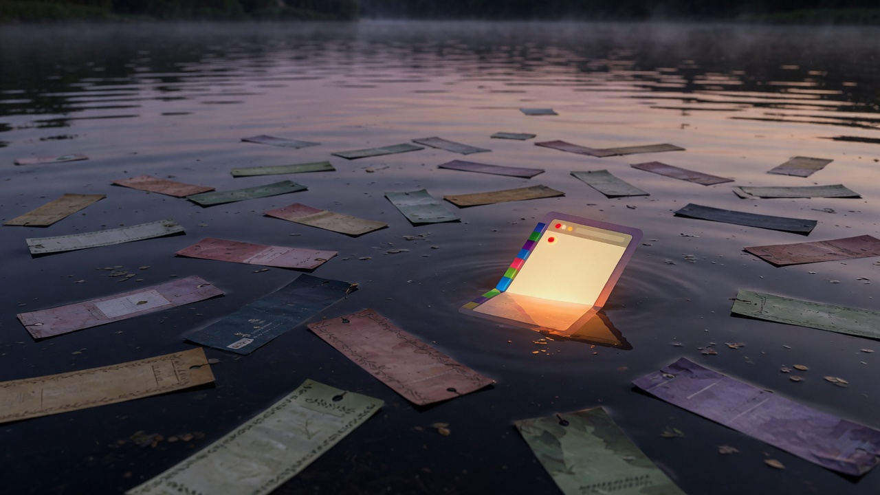 Close on a dusk river of floating paper bookmarks, with one slip glowing like a lantern-shaped browser tab.